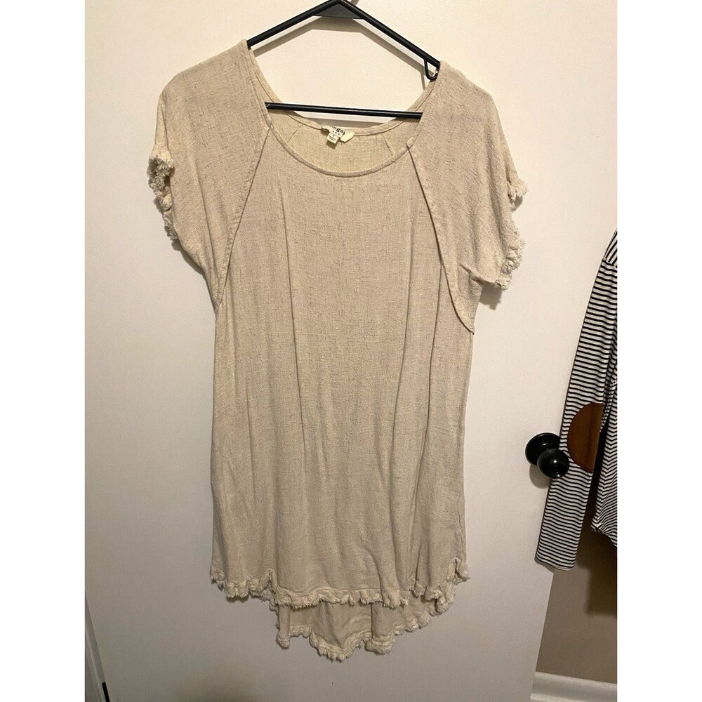 UMGEE Womens Linen Knit Ruffle Trim Raglan Tunic Top Beige Size S